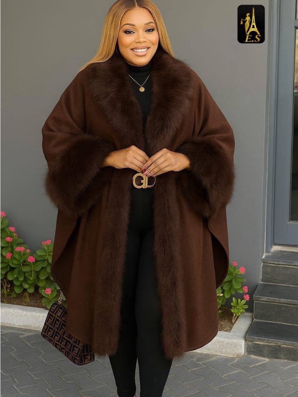 Luxurious Brown Faux-Fur Trim Cape Poncho